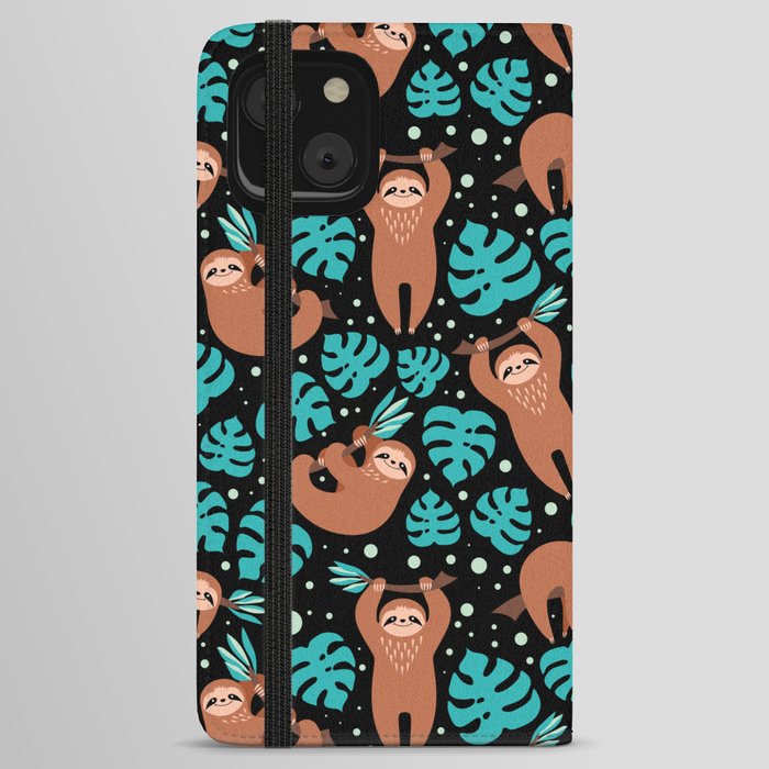 Seamless pattern with cute sloths and floral elements on black background. Trendy print with exotic animal. illustration.  iPhone Wallet Case