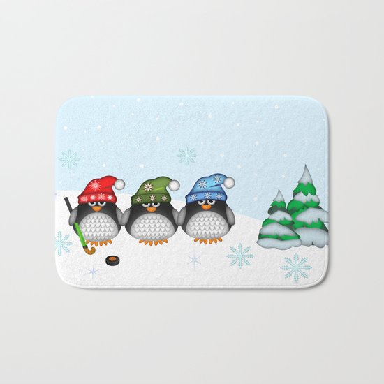 Cute Hockey Penguins in Snowy Winter landscape Bath Mat