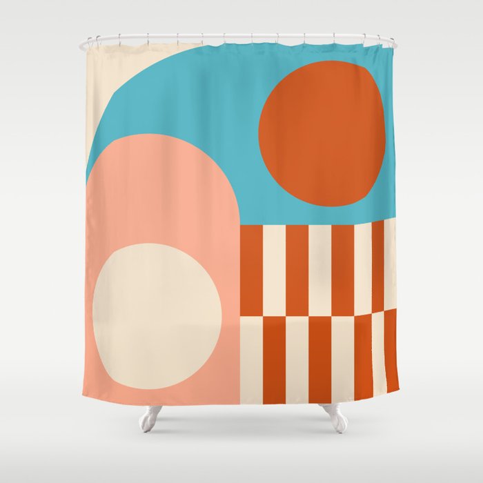 Modern abstract geometric background with circles,rectangles and squares in retro scandinavian style. Pastel colored simple shapes graphic pattern. Abstract mosaic artwork.  Shower Curtain