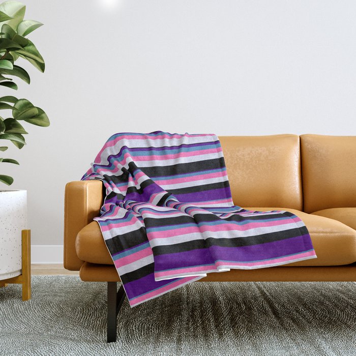 Eyecatching Indigo, Blue, Hot Pink, Lavender, and Black Colored Lines Pattern Throw Blanket