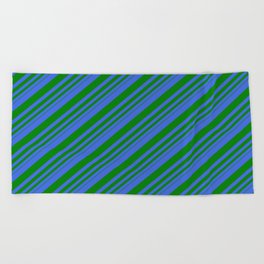 [ Thumbnail: Royal Blue and Green Colored Lines/Stripes Pattern Beach Towel ]