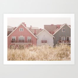 Beach Houses - red and blue stripped coastal house - travel photography Art Print