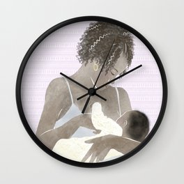 New Mom breastfeeding baby // watercolor portrait of postpartum moment between infant and new mother Wall Clock