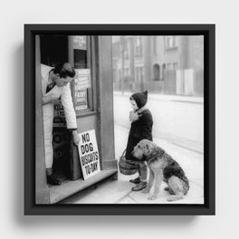 Vintage 'No Dog Biscuits Today' Humorous Little Girl, Dog, and Italian Market black and white photography / photograph Framed Canvas