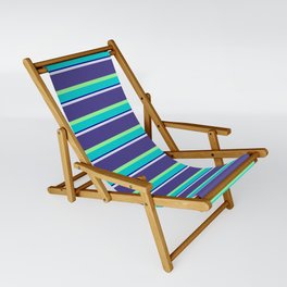 [ Thumbnail: Lavender, Dark Slate Blue, Green, Dark Turquoise & Dark Blue Colored Striped Pattern Sling Chair ]