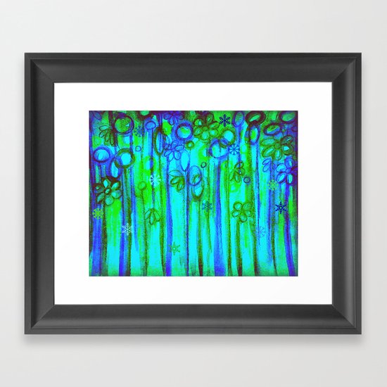WINTER GARDEN -Bright Blue Green Neon Snowflake Floral Abstract Watercolor Painting and Digital Art Framed Art Print