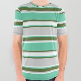 [ Thumbnail: Aquamarine, Dark Olive Green, Light Grey, and Mint Cream Colored Pattern of Stripes All Over Graphic Tee ]