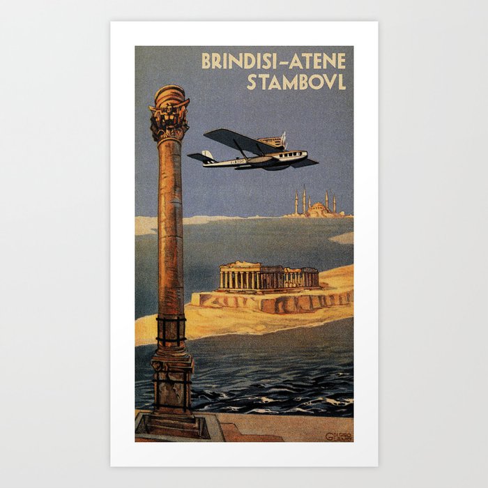 Italian vintage plane travel Brindisi Athens Istanbul Art Print