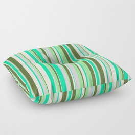 [ Thumbnail: Vibrant Green, Light Grey, Light Green, Dark Olive Green, and Beige Colored Stripes/Lines Pattern Floor Pillow ]