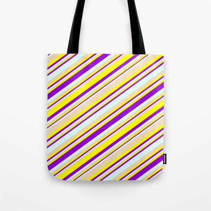 Tan, Yellow, Dark Violet & Light Cyan Colored Striped Pattern Tote Bag