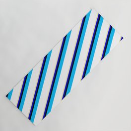 [ Thumbnail: Vibrant Tan, Blue, Black, Deep Sky Blue, and White Colored Striped/Lined Pattern Yoga Mat ]