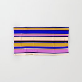 [ Thumbnail: Colorful Blue, Bisque, Goldenrod, Orchid, and Black Colored Stripes Pattern Hand & Bath Towel ]