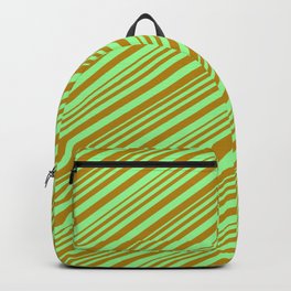 [ Thumbnail: Green & Dark Goldenrod Colored Stripes/Lines Pattern Backpack ]