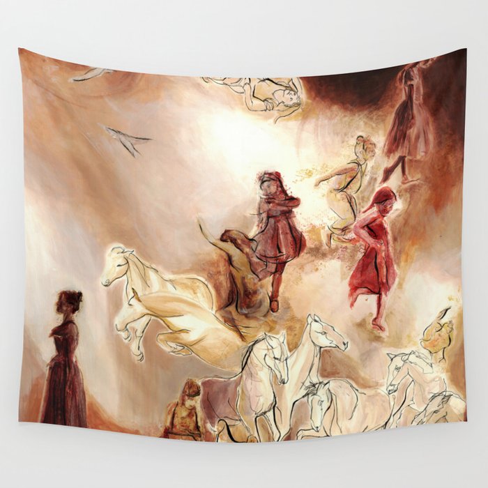 Imagined dream horses children dancing painting Wall Tapestry