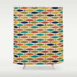 Midcentury Modern Multicolor Fish Pattern in Olive, Mustard, Orange, Teal, Beige Shower Curtain