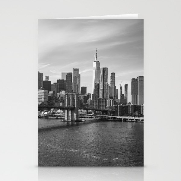 New York City Skyline and the Brooklyn Bridge | Black and White Travel Photography in NYC Stationery Cards