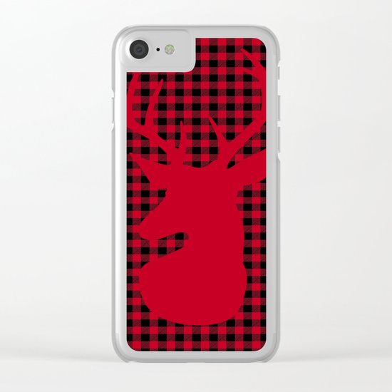 Red Plaid Deer Stag Design Clear iPhone Case