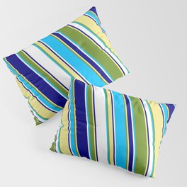 [ Thumbnail: Eyecatching Green, Deep Sky Blue, White, Blue, and Tan Colored Stripes/Lines Pattern Pillow Sham ]