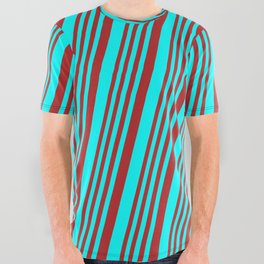 [ Thumbnail: Red & Cyan Colored Stripes Pattern All Over Graphic Tee ]