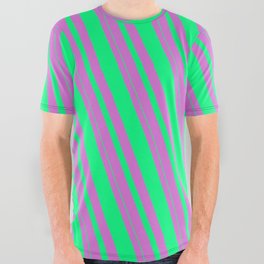 [ Thumbnail: Orchid & Green Colored Lined/Striped Pattern All Over Graphic Tee ]