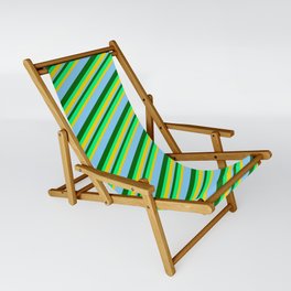 [ Thumbnail: Dark Green, Green, Yellow & Light Sky Blue Colored Lined Pattern Sling Chair ]