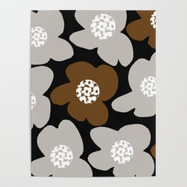 Large Retro Flowers Brown Grey Petals White Floral Center Black Background #decor #society6 #buyart Poster