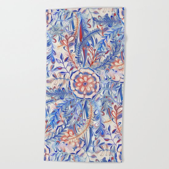 Boho Flower Burst in Red and Blue Beach Towel