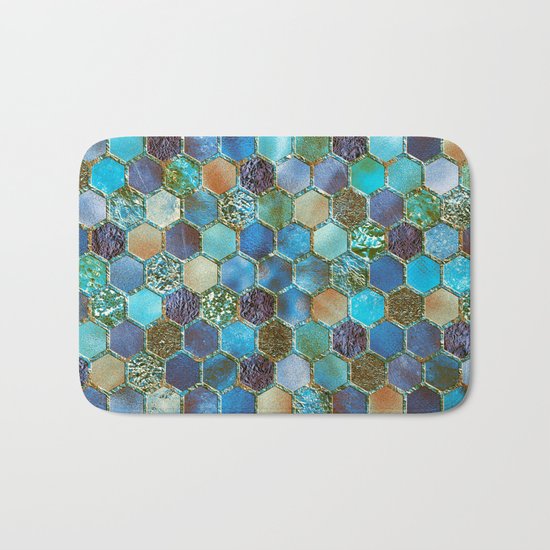 Blue & green metal glitter geometric hexagonal honeycomb pattern Bath Mat