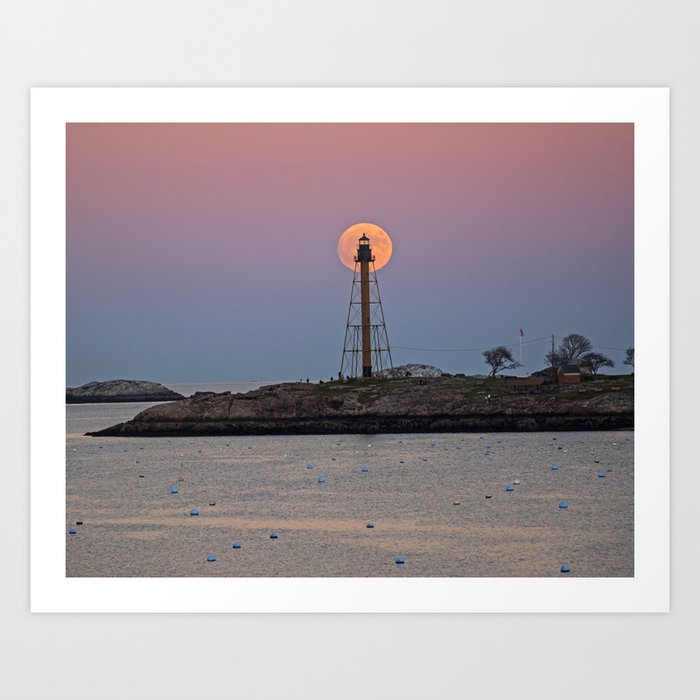 The 2016 Supermoon balancing on the Marblehead Light Tower in Marblehead MA Harbor Art Print