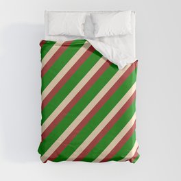 [ Thumbnail: Brown, Green & Bisque Colored Stripes Pattern Duvet Cover ]