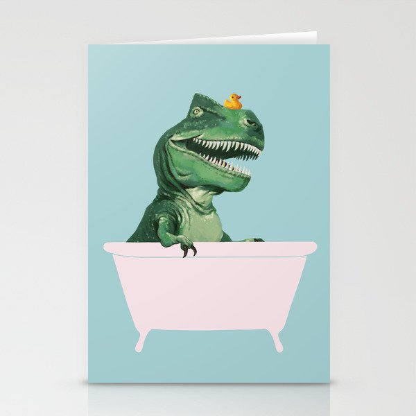 Playful T-Rex in Bathtub in Green Stationery Cards