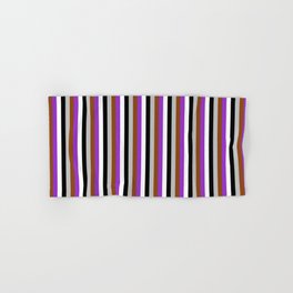 [ Thumbnail: Eyecatching Grey, Brown, Dark Orchid, White & Black Colored Striped Pattern Hand & Bath Towel ]