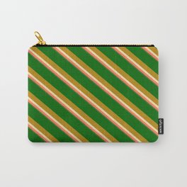 [ Thumbnail: Eyecatching Dark Green, Dark Goldenrod, Beige, Coral & Dark Olive Green Colored Lined Pattern Carry-All Pouch ]