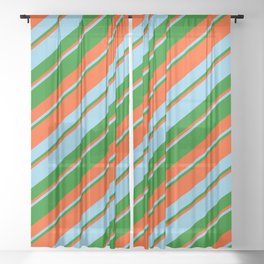 [ Thumbnail: Red, Sky Blue, and Green Colored Stripes/Lines Pattern Sheer Curtain ]