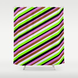 [ Thumbnail: Colorful Orchid, Brown, Lavender, Chartreuse & Black Colored Stripes Pattern Shower Curtain ]