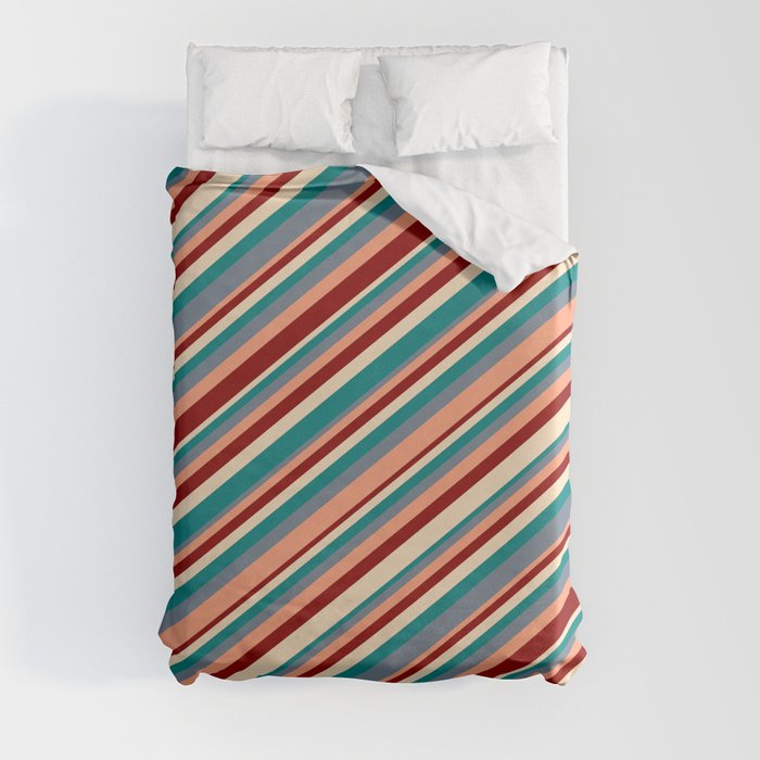 Eye-catching Bisque, Teal, Slate Gray, Light Salmon & Dark Red Colored Stripes Pattern Duvet Cover