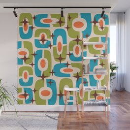 Mid Century Modern Cosmic Abstract 123 Olive Cyan Orange and Brown Wall Mural