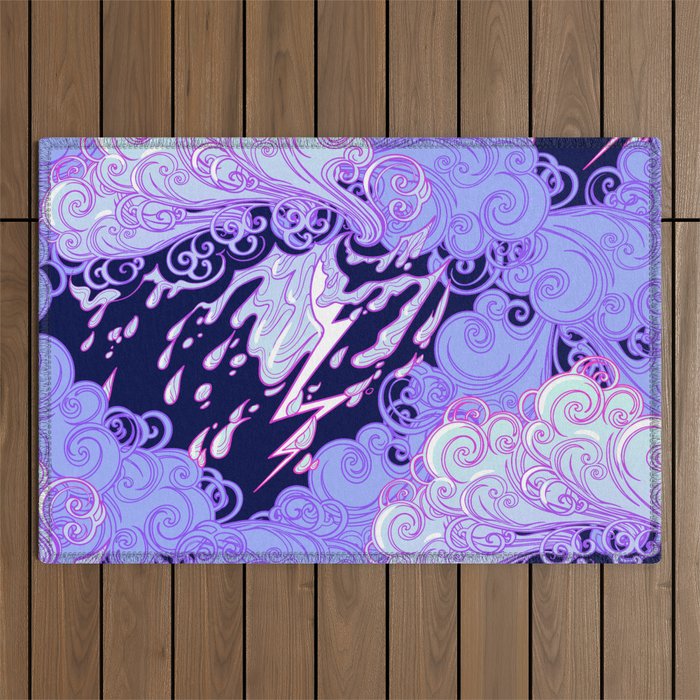 Seamless pattern. Retro style curly decorative clouds with rain drops and lightning. Vintage illustration Outdoor Rug