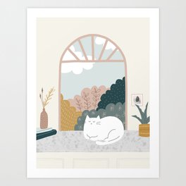 White Cat at Window with View on Garden Art Print | Neutral, Illustration, Garden, Green, Blushpink, Home, Beige, Cat, Window, Whitecat 