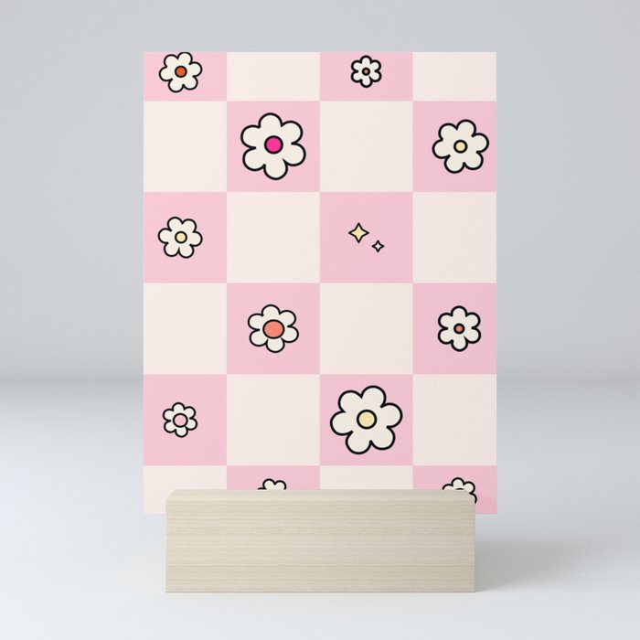 Checkered Daisies Pink Mini Art Print