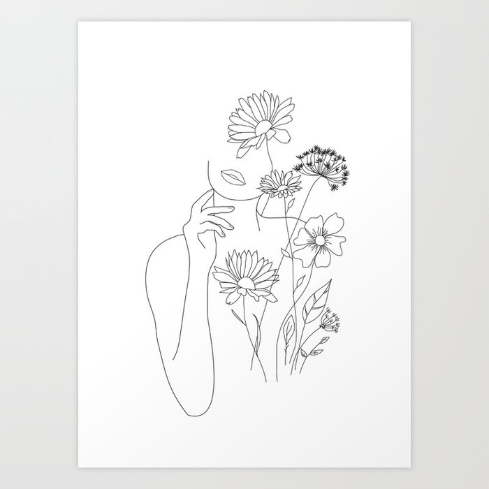Minimal Line Art Woman with Flowers III Kunstdrucke | Drawing, Woman, Blumen, Wild-flowers, Ilustration, Black-and-white, Live, Floral, Blooming, Body