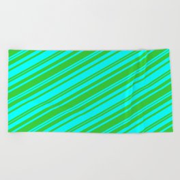 [ Thumbnail: Lime Green & Cyan Colored Stripes Pattern Beach Towel ]