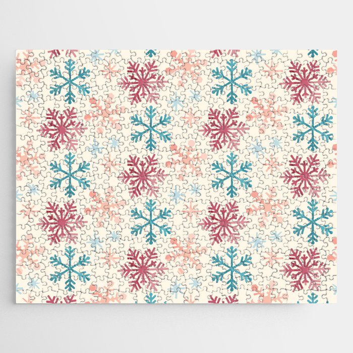 Christmas Pattern Watercolor Snowflake Pink Blue Jigsaw Puzzle