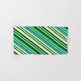 [ Thumbnail: Light Sea Green, Beige, and Dark Green Colored Lined Pattern Hand & Bath Towel ]