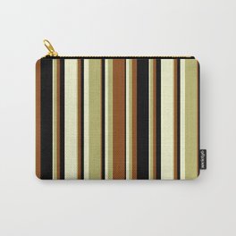 [ Thumbnail: Dark Khaki, Brown, Black, and Light Yellow Colored Stripes Pattern Carry-All Pouch ]