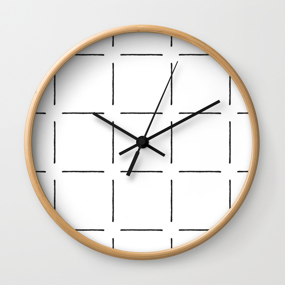 Block Print Simple Squares In Black White Wall Clock By Beckybailey1 Society6