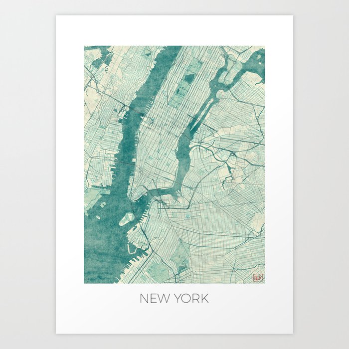 New York Map Blue Vintage Art Print