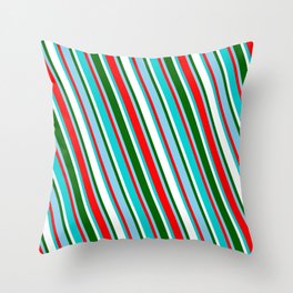 [ Thumbnail: Sky Blue, Red, Dark Turquoise, White, and Dark Green Colored Striped Pattern Throw Pillow ]
