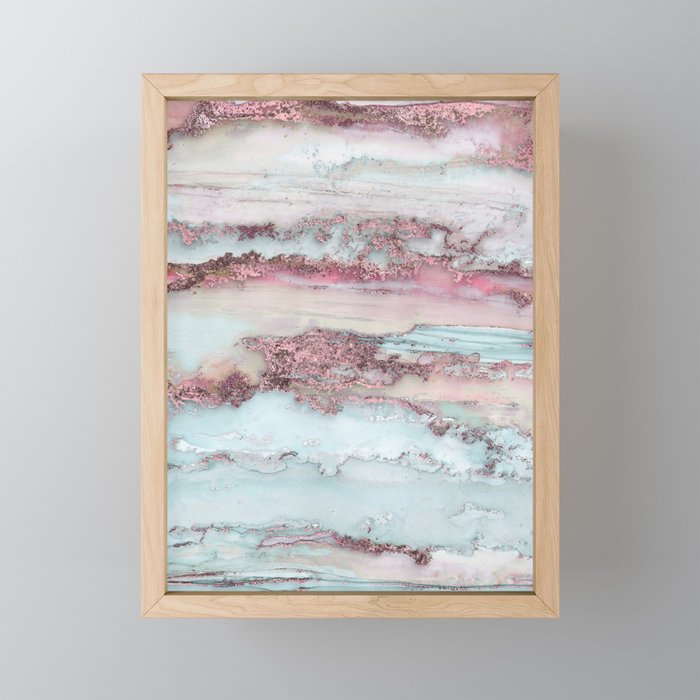 Marbled Stripes Luxury Rose Gold And Mint Glamour Framed Mini Art Print