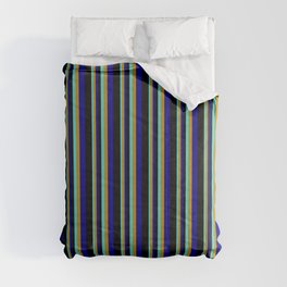 [ Thumbnail: Turquoise, Dark Goldenrod, Dark Blue & Black Colored Stripes Pattern Comforter ]